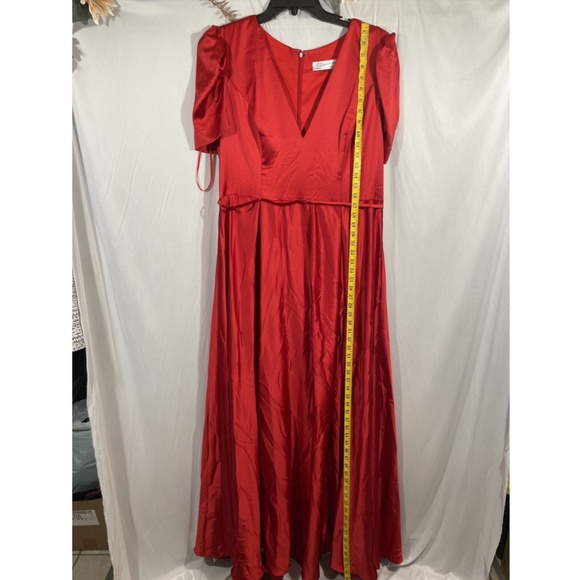 $398 IEENA Mac Duggal [ 14 ] Puff Sleeve Satin A-Line Gown in‎ Red - Picture 4 of 16